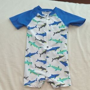 Old Navy - Blue and White Rashguard with Shark Print. 6-12 Months